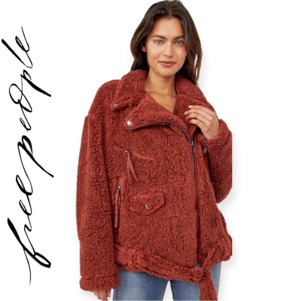 FREE PEOPLE So Cozy Slouchy Moto Jacket Fleece Jacket Teddy Rust EUC